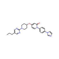 CCCc1cnc(N2CCC(Oc3ccn(-c4ccc(-n5ccnc5)cc4)c(=O)c3)CC2)nc1 ZINC000116691167