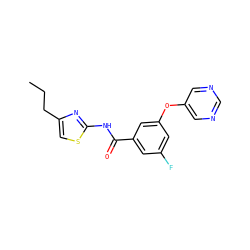 CCCc1csc(NC(=O)c2cc(F)cc(Oc3cncnc3)c2)n1 ZINC000096939177