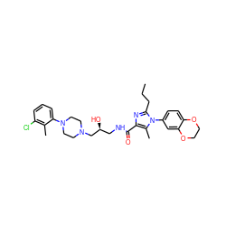 CCCc1nc(C(=O)NC[C@H](O)CN2CCN(c3cccc(Cl)c3C)CC2)c(C)n1-c1ccc2c(c1)OCCO2 ZINC000072104722