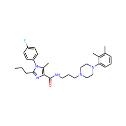 CCCc1nc(C(=O)NCCCN2CCN(c3cccc(C)c3C)CC2)c(C)n1-c1ccc(F)cc1 ZINC000072104846