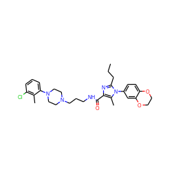 CCCc1nc(C(=O)NCCCN2CCN(c3cccc(Cl)c3C)CC2)c(C)n1-c1ccc2c(c1)OCCO2 ZINC000072141200