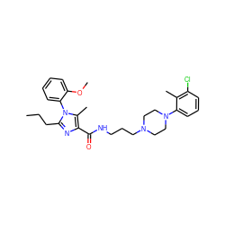 CCCc1nc(C(=O)NCCCN2CCN(c3cccc(Cl)c3C)CC2)c(C)n1-c1ccccc1OC ZINC000072105262