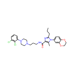 CCCc1nc(C(=O)NCCCN2CCN(c3cccc(Cl)c3Cl)CC2)c(C)n1-c1ccc2c(c1)OCCO2 ZINC000072106407