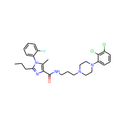 CCCc1nc(C(=O)NCCCN2CCN(c3cccc(Cl)c3Cl)CC2)c(C)n1-c1ccccc1F ZINC000072104741