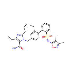 CCCc1nc(CC)c(C(N)=O)n1Cc1ccc(-c2ccccc2S(=O)(=O)Nc2onc(C)c2C)c(CC)c1 ZINC000036238176