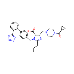 CCCc1nc(CN2CCN(C(=O)C3CC3)CC2)c(C(=O)O)n1Cc1ccc(-c2ccccc2-c2nnn[nH]2)cc1 ZINC000026379734