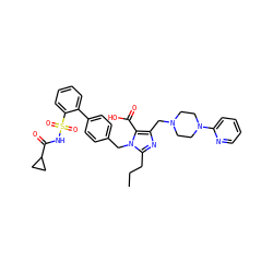 CCCc1nc(CN2CCN(c3ccccn3)CC2)c(C(=O)O)n1Cc1ccc(-c2ccccc2S(=O)(=O)NC(=O)C2CC2)cc1 ZINC000026377194