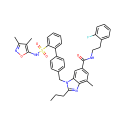 CCCc1nc2c(C)cc(C(=O)NCCc3ccccc3F)cc2n1Cc1ccc(-c2ccccc2S(=O)(=O)Nc2onc(C)c2C)cc1 ZINC000653749319