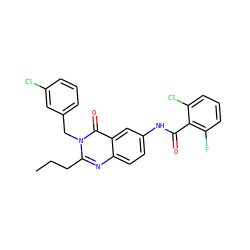 CCCc1nc2ccc(NC(=O)c3c(F)cccc3Cl)cc2c(=O)n1Cc1cccc(Cl)c1 ZINC000084668420