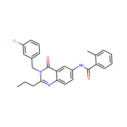 CCCc1nc2ccc(NC(=O)c3ccccc3C)cc2c(=O)n1Cc1cccc(Cl)c1 ZINC000084759397