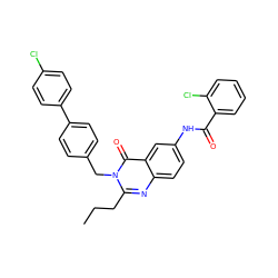 CCCc1nc2ccc(NC(=O)c3ccccc3Cl)cc2c(=O)n1Cc1ccc(-c2ccc(Cl)cc2)cc1 ZINC000006501584