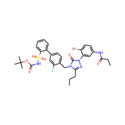 CCCc1nn(-c2cc(NC(=O)CC)ccc2Br)c(=O)n1Cc1ccc(-c2ccccc2S(=O)(=O)NC(=O)OC(C)(C)C)cc1F ZINC000027207967