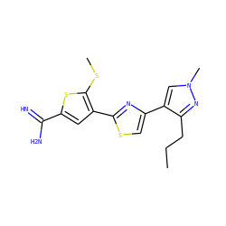 CCCc1nn(C)cc1-c1csc(-c2cc(C(=N)N)sc2SC)n1 ZINC000026827732