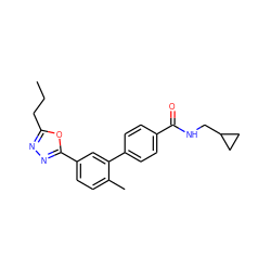 CCCc1nnc(-c2ccc(C)c(-c3ccc(C(=O)NCC4CC4)cc3)c2)o1 ZINC000029130929