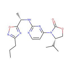 CCCc1noc([C@H](C)Nc2nccc(N3C(=O)OC[C@@H]3C(C)C)n2)n1 ZINC000142074358