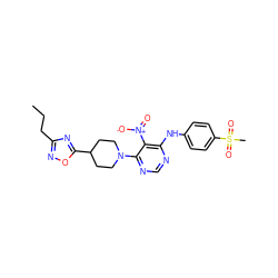 CCCc1noc(C2CCN(c3ncnc(Nc4ccc(S(C)(=O)=O)cc4)c3[N+](=O)[O-])CC2)n1 ZINC000040845914