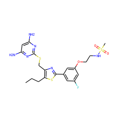 CCCc1sc(-c2cc(F)cc(OCCNS(C)(=O)=O)c2)nc1CSc1nc(N)cc(N)n1 ZINC000096283900