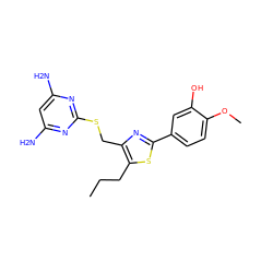 CCCc1sc(-c2ccc(OC)c(O)c2)nc1CSc1nc(N)cc(N)n1 ZINC000096283898