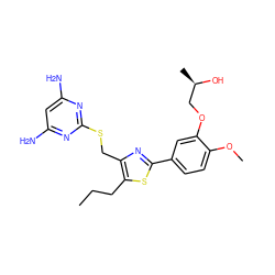 CCCc1sc(-c2ccc(OC)c(OC[C@@H](C)O)c2)nc1CSc1nc(N)cc(N)n1 ZINC000096283893