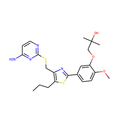 CCCc1sc(-c2ccc(OC)c(OCC(C)(C)O)c2)nc1CSc1nccc(N)n1 ZINC000299836945