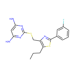 CCCc1sc(-c2cccc(F)c2)nc1CSc1nc(N)cc(N)n1 ZINC000096283877