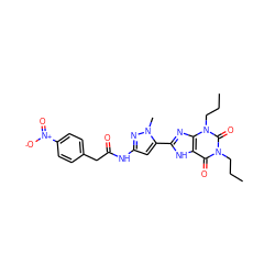 CCCn1c(=O)c2[nH]c(-c3cc(NC(=O)Cc4ccc([N+](=O)[O-])cc4)nn3C)nc2n(CCC)c1=O ZINC000013559723