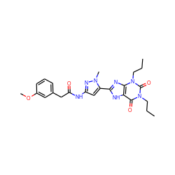 CCCn1c(=O)c2[nH]c(-c3cc(NC(=O)Cc4cccc(OC)c4)nn3C)nc2n(CCC)c1=O ZINC000013559721