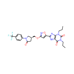 CCCn1c(=O)c2[nH]c(-c3cc(OC[C@H]4CC(=O)N(c5ccc(C(F)(F)F)cc5)C4)no3)nc2n(CCC)c1=O ZINC000115152326