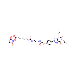 CCCn1c(=O)c2[nH]c(-c3ccc(OCC(=O)NCCNC(=O)CCCCCCC(=O)ON4C(=O)CCC4=O)cc3)nc2n(CCC)c1=O ZINC000058590480