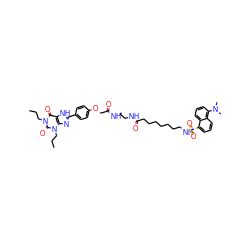 CCCn1c(=O)c2[nH]c(-c3ccc(OCC(=O)NCCNC(=O)CCCCCCCNS(=O)(=O)c4cccc5c(N(C)C)cccc45)cc3)nc2n(CCC)c1=O ZINC000096914716