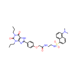 CCCn1c(=O)c2[nH]c(-c3ccc(OCC(=O)NCCNS(=O)(=O)c4cccc5c(N(C)C)cccc45)cc3)nc2n(CCC)c1=O ZINC000096914715