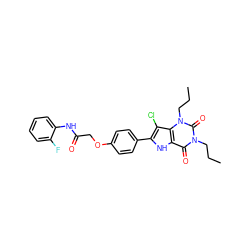 CCCn1c(=O)c2[nH]c(-c3ccc(OCC(=O)Nc4ccccc4F)cc3)c(Cl)c2n(CCC)c1=O ZINC000013678758