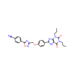 CCCn1c(=O)c2[nH]c(-c3ccc(OCc4noc(-c5ccc(C#N)cc5)n4)cc3)nc2n(CCC)c1=O ZINC000028333802