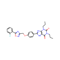 CCCn1c(=O)c2[nH]c(-c3ccc(OCc4noc(-c5ccccc5F)n4)cc3)nc2n(CCC)c1=O ZINC000028133868