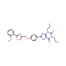 CCCn1c(=O)c2[nH]c(-c3ccc(OCc4noc(-c5ccccc5OC)n4)cc3)nc2n(CCC)c1=O ZINC000028130291