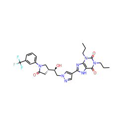 CCCn1c(=O)c2[nH]c(-c3cnn(C[C@H](O)[C@@H]4CC(=O)N(c5cccc(C(F)(F)F)c5)C4)c3)nc2n(CCC)c1=O ZINC000088247987