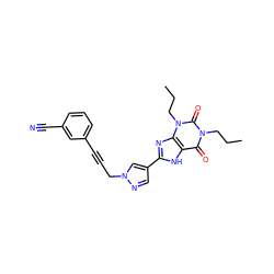 CCCn1c(=O)c2[nH]c(-c3cnn(CC#Cc4cccc(C#N)c4)c3)nc2n(CCC)c1=O ZINC000088247882