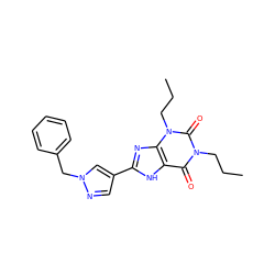 CCCn1c(=O)c2[nH]c(-c3cnn(Cc4ccccc4)c3)nc2n(CCC)c1=O ZINC000029037241