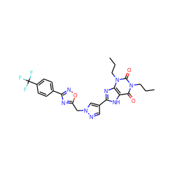 CCCn1c(=O)c2[nH]c(-c3cnn(Cc4nc(-c5ccc(C(F)(F)F)cc5)no4)c3)nc2n(CCC)c1=O ZINC000028564358