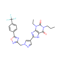 CCCn1c(=O)c2[nH]c(-c3cnn(Cc4noc(-c5ccc(C(F)(F)F)cc5)n4)c3)nc2n(CC)c1=O ZINC000029056483