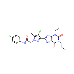 CCCn1c(=O)c2[nH]c(-c3nn(CC(=O)Nc4ccc(Cl)cc4)c(C)c3Cl)nc2n(CCC)c1=O ZINC000029060575