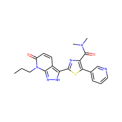 CCCn1c(=O)ccc2c(-c3nc(C(=O)N(C)C)c(-c4cccnc4)s3)[nH]nc21 ZINC000653840678