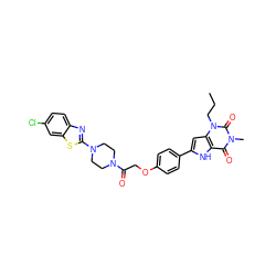 CCCn1c(=O)n(C)c(=O)c2[nH]c(-c3ccc(OCC(=O)N4CCN(c5nc6ccc(Cl)cc6s5)CC4)cc3)cc21 ZINC000029058759