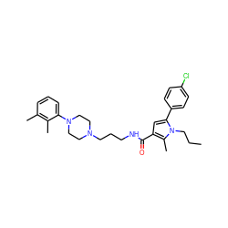 CCCn1c(-c2ccc(Cl)cc2)cc(C(=O)NCCCN2CCN(c3cccc(C)c3C)CC2)c1C ZINC000058541102