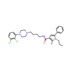 CCCn1c(-c2ccccc2)cc(C(=O)NCCCCN2CCN(c3cccc(Cl)c3Cl)CC2)c1C ZINC000049033756