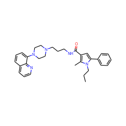 CCCn1c(-c2ccccc2)cc(C(=O)NCCCN2CCN(c3cccc4cccnc34)CC2)c1C ZINC000058574734