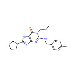 CCCn1c(NCc2ccc(C)cc2)nc2nc(C3CCCC3)[nH]c2c1=O ZINC000117371666