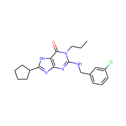 CCCn1c(NCc2cccc(Cl)c2)nc2nc(C3CCCC3)[nH]c2c1=O ZINC000166794605