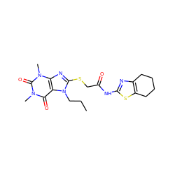 CCCn1c(SCC(=O)Nc2nc3c(s2)CCCC3)nc2c1c(=O)n(C)c(=O)n2C ZINC000004102988