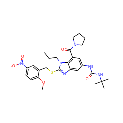 CCCn1c(SCc2cc([N+](=O)[O-])ccc2OC)nc2cc(NC(=O)NC(C)(C)C)cc(C(=O)N3CCCC3)c21 ZINC000028525295